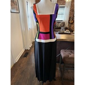 Cache Vintage Color Block Ultra Suede Chiffon Retro Dress Size L Made In USA